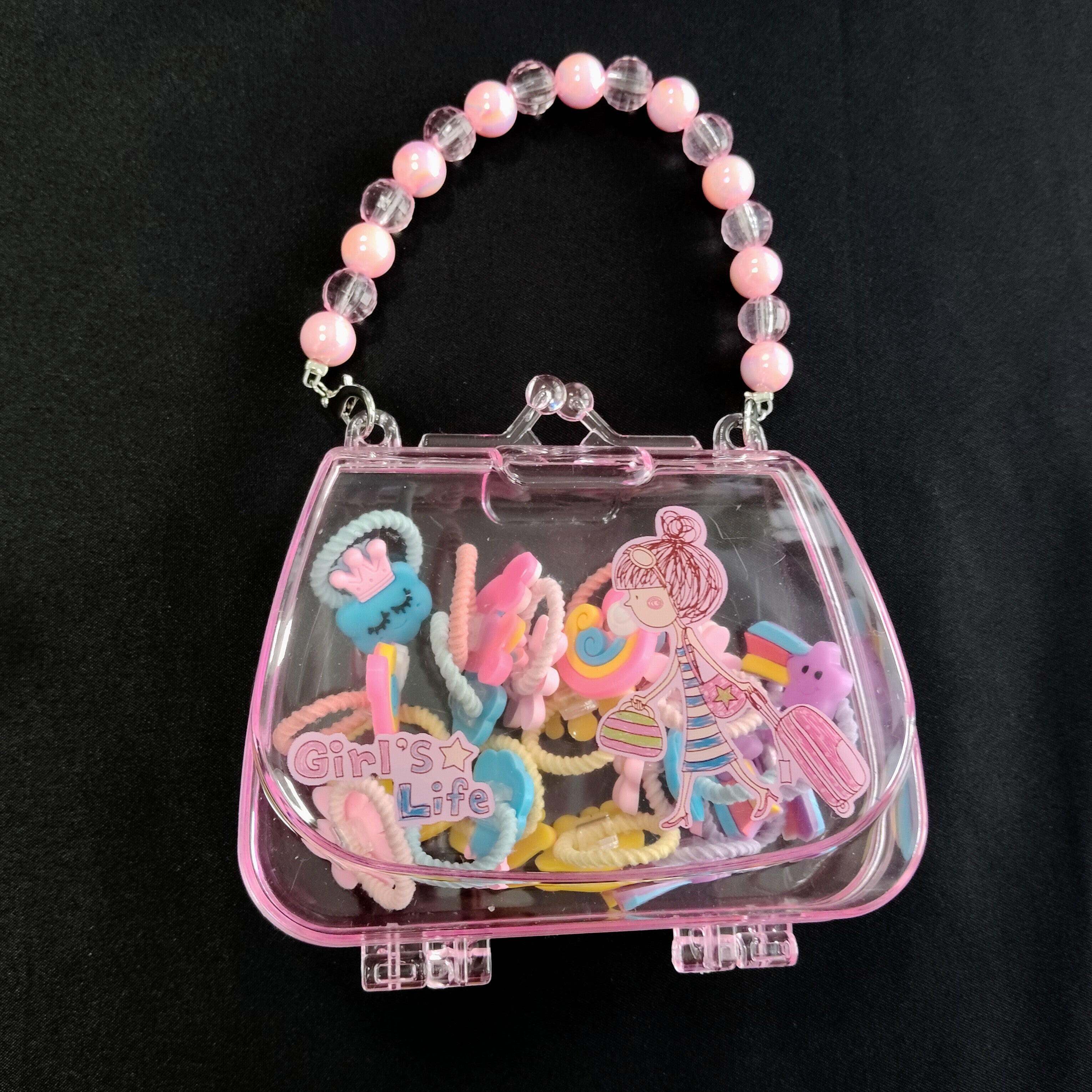 Kids Hair Accessories Set Transparent Handbag – Colorful Ties Kit Girls, Portable Mini Purse Organizer