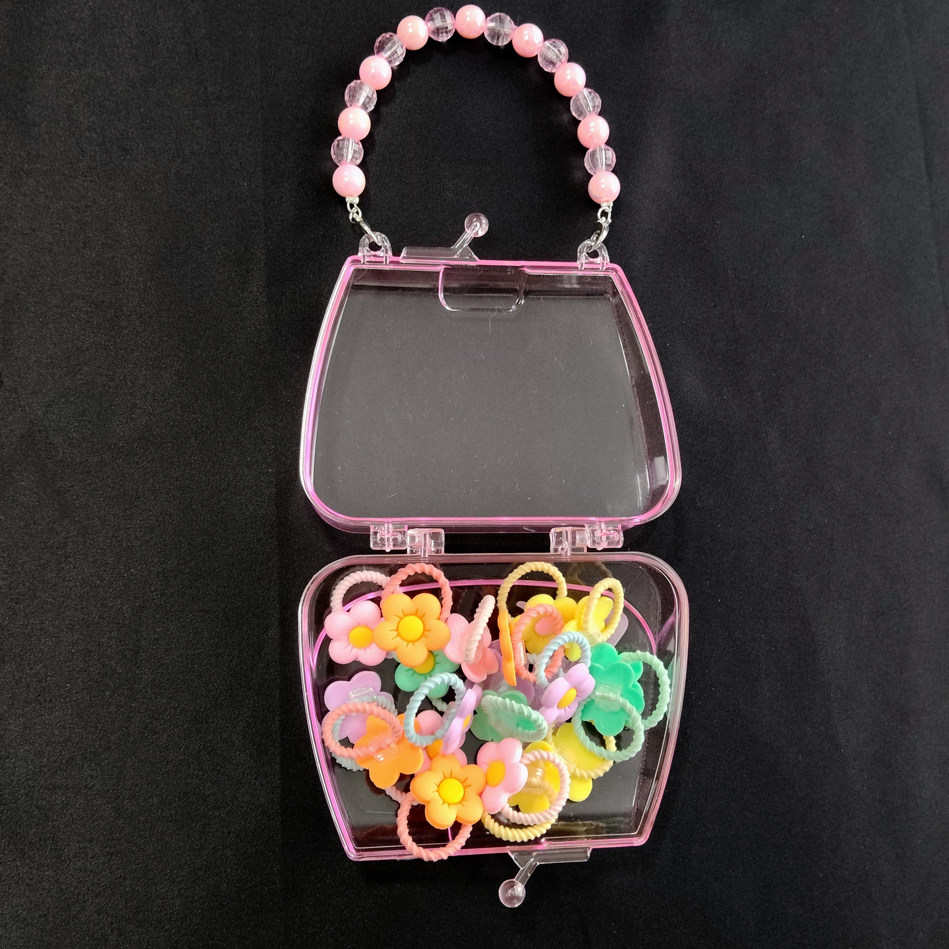 Kids Hair Accessories Set Transparent Handbag – Colorful Ties Kit Girls, Portable Mini Purse Organizer