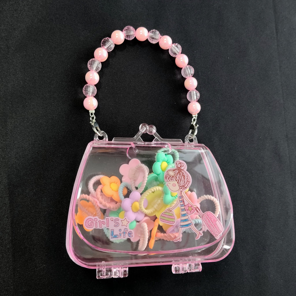 Kids Hair Accessories Set Transparent Handbag – Colorful Ties Kit Girls, Portable Mini Purse Organizer