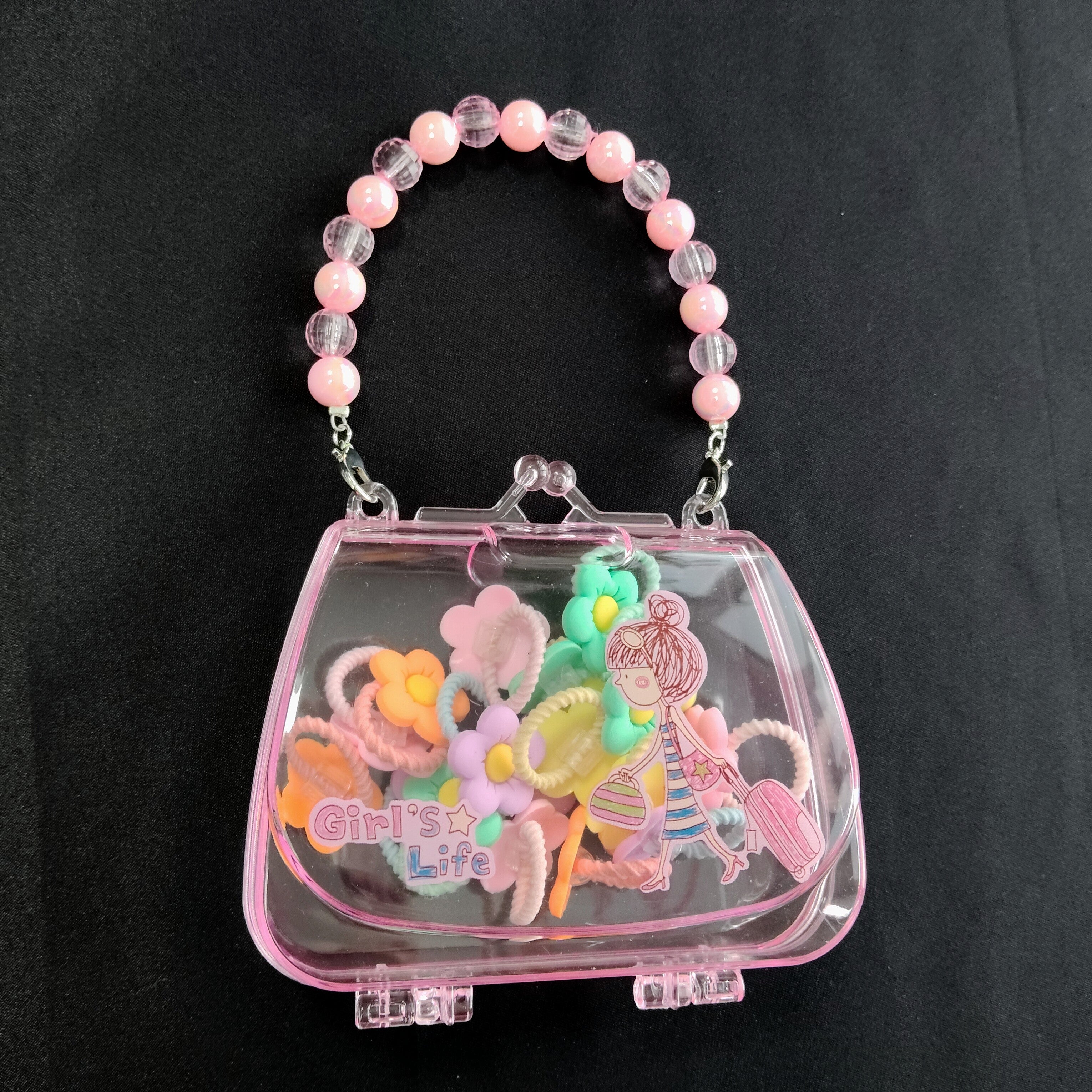 Kids Hair Accessories Set Transparent Handbag – Colorful Ties Kit Girls, Portable Mini Purse Organizer