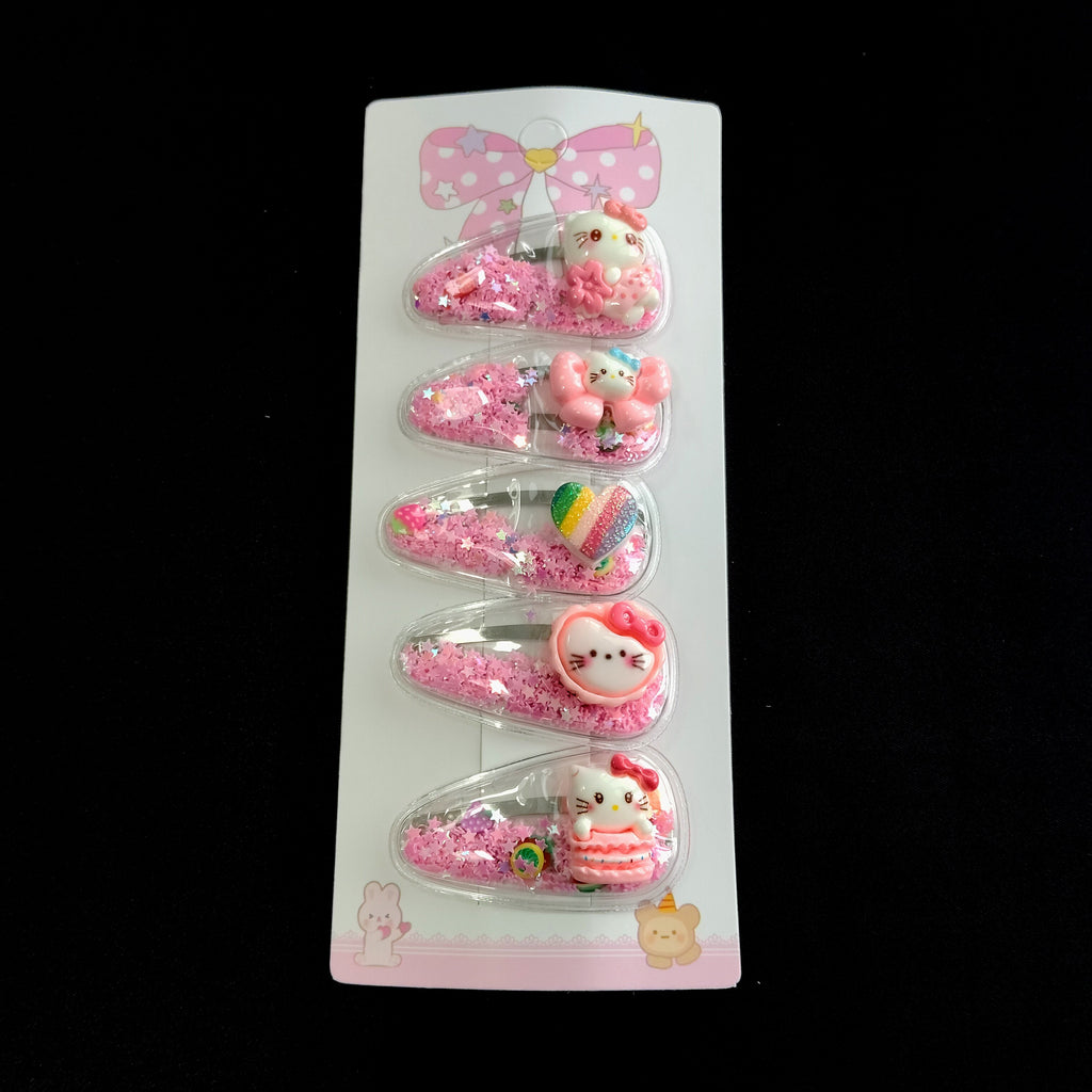 Kawaii Pink Shaker Hair Clips – Kitty, Candy, Glitter Snap Barrette Set