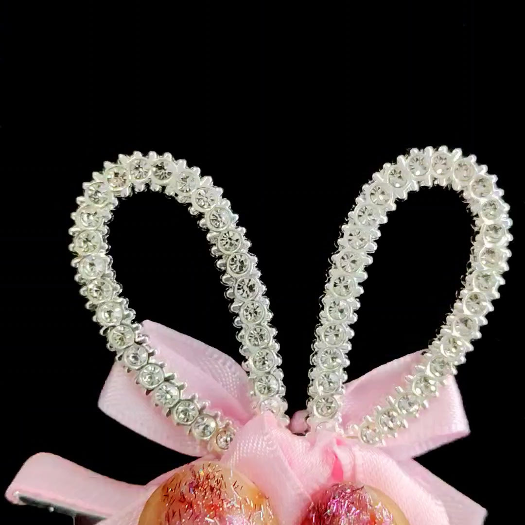 Rhinestone Bunny Ear Hair Clip Pink Bow Sparkly Rabbit Accessory for Girls Easter Party