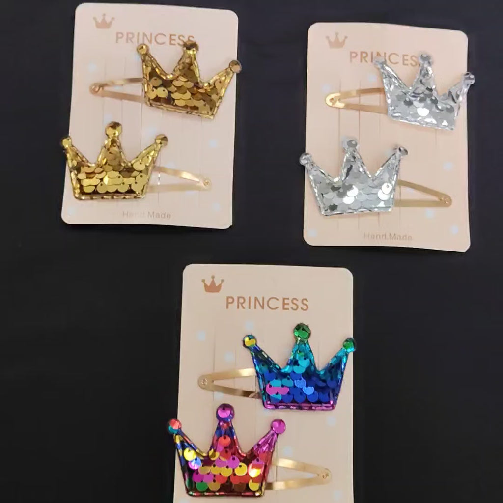 Sequin Crown Hair Clips – Gold, Silver, Rainbow Glitter Princess Snap Accessories