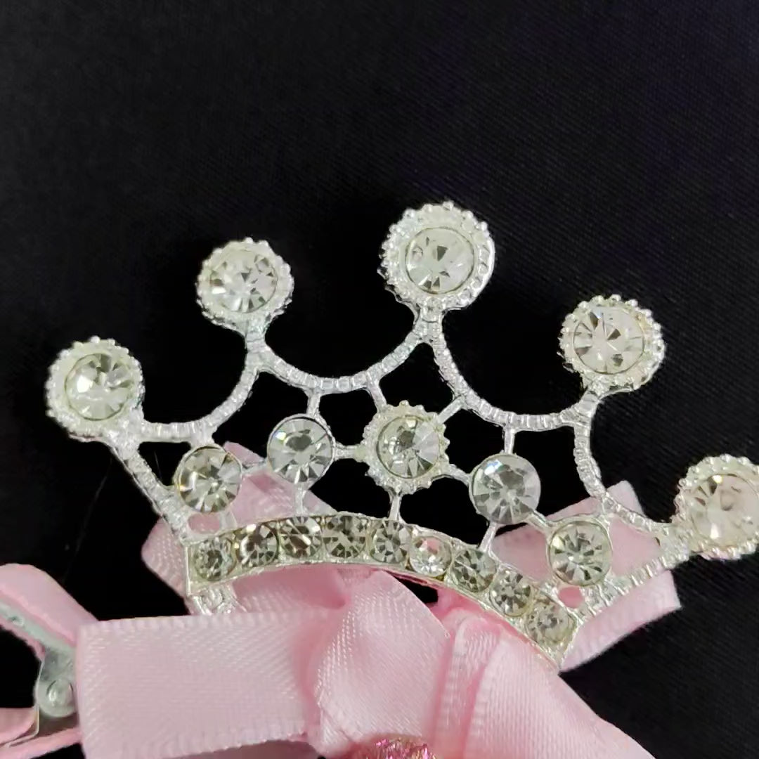 Pink Crown Hair Clip with Rhinestones and Bow – Princess Accessory