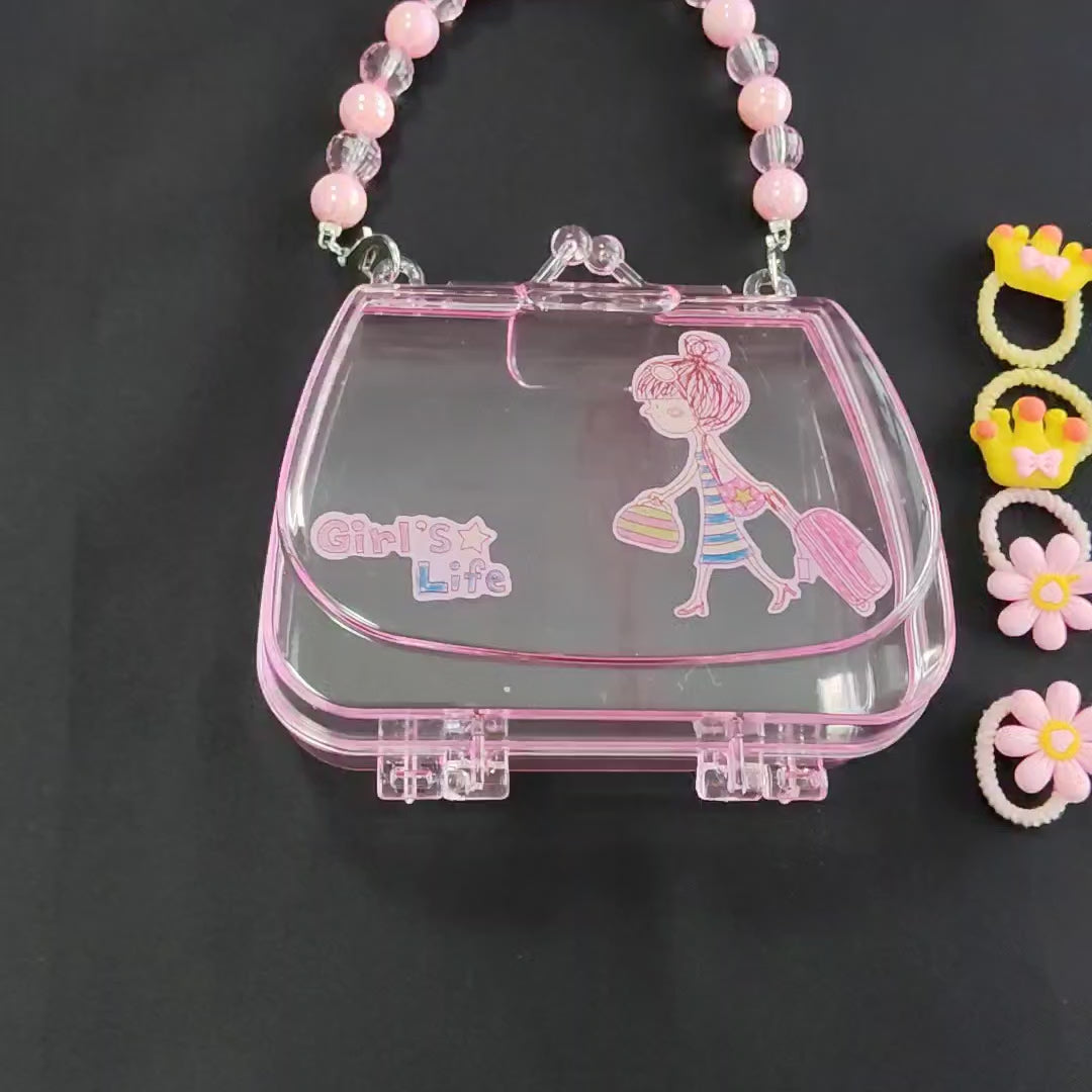 Kids Hair Accessories Set Transparent Handbag – Colorful Ties Kit Girls, Portable Mini Purse Organizer
