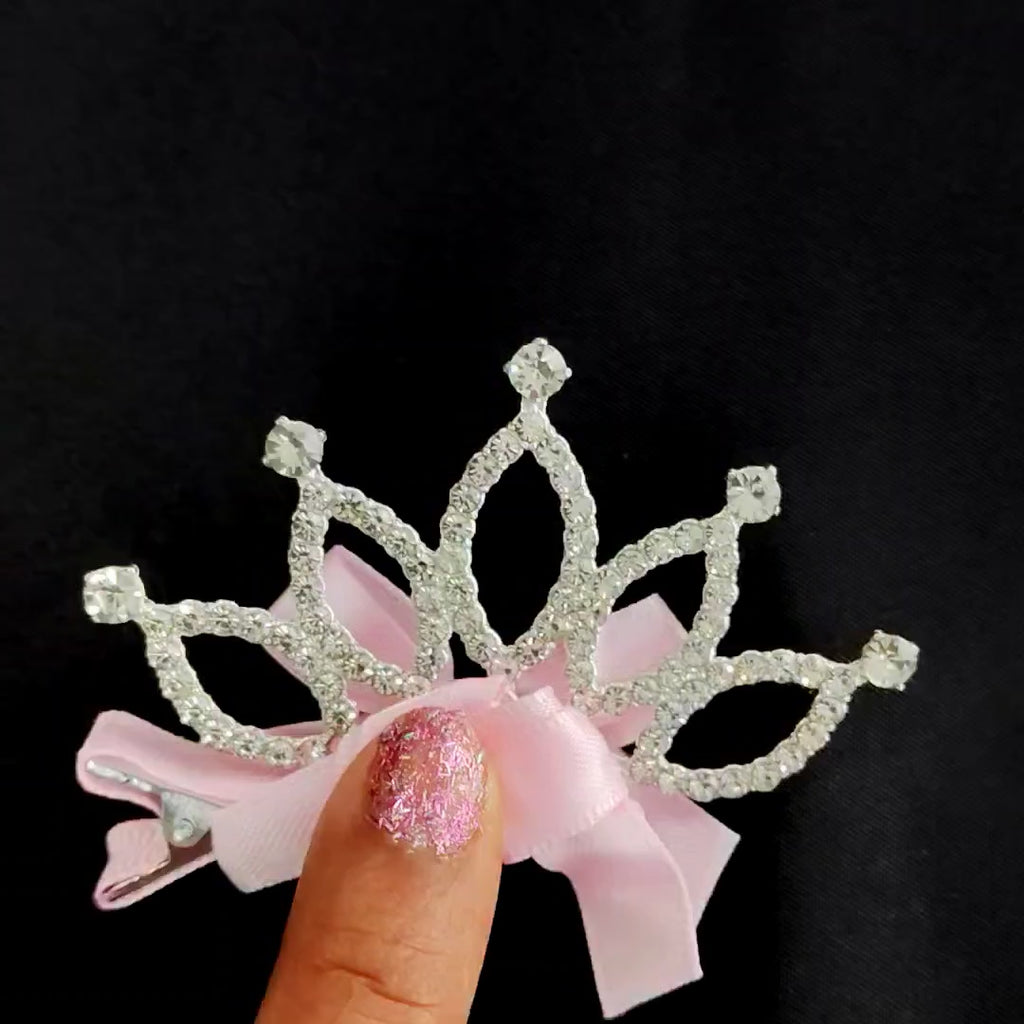 Pink Tiara Hair Clip – Rhinestone Crown Bow Barrette for Girls