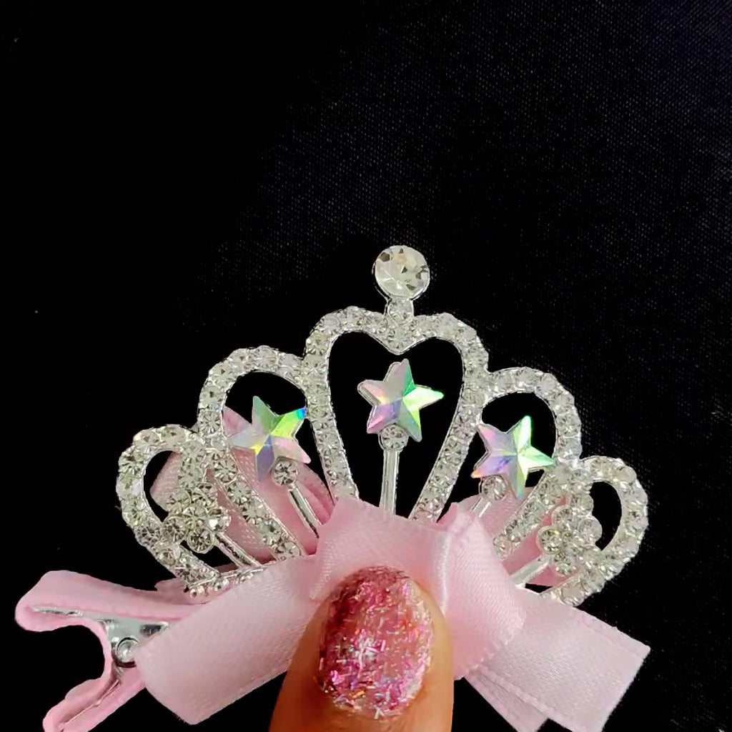 Sparkly Pink Tiara Hair Clip – Cute Princess Bow Barrette with Rhinestones & Stars