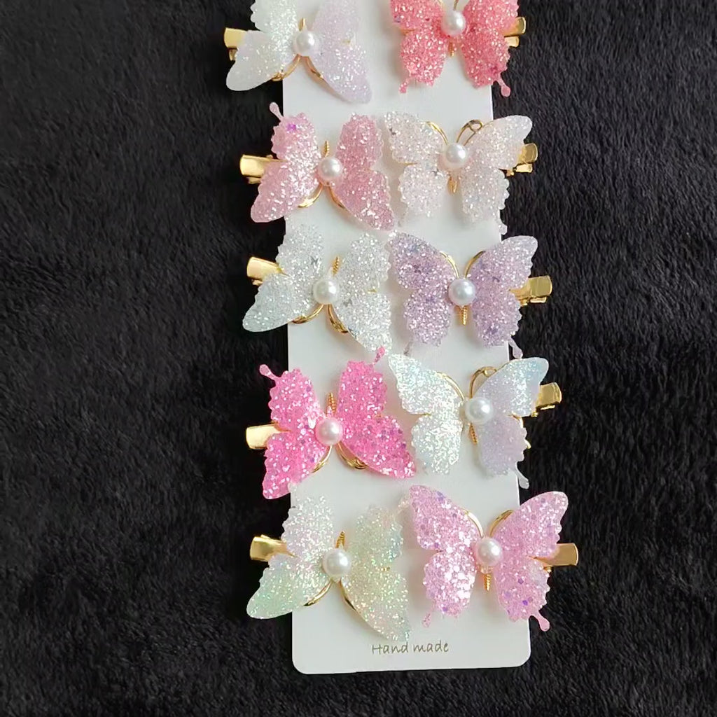 Glitter Butterfly Hair Clips with Pearl | Pastel Sparkly Girls Hair Accessories