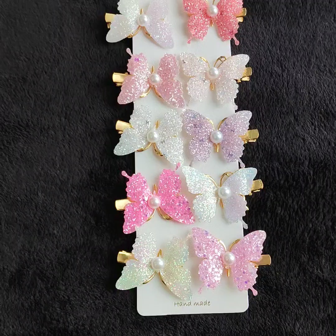 Glitter Butterfly Hair Clips with Pearl | Pastel Sparkly Girls Hair Accessories