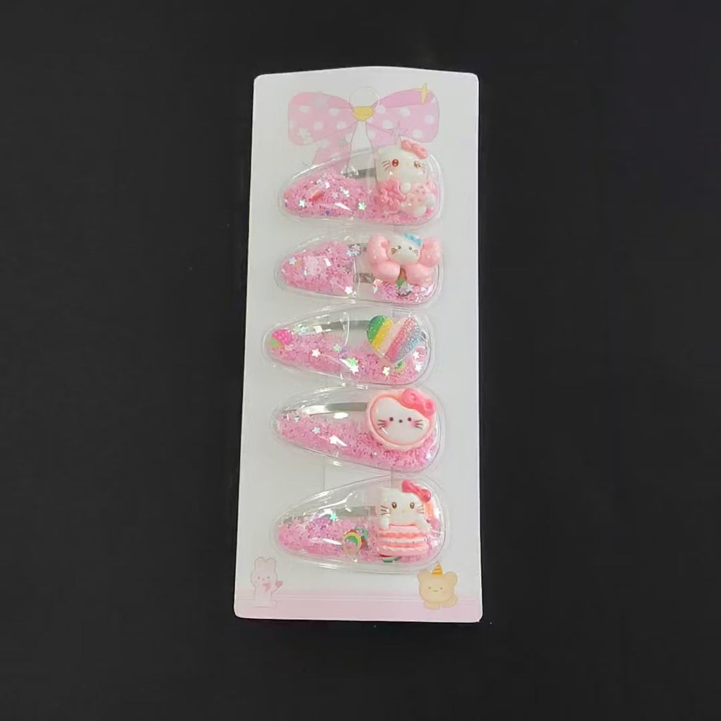 Kawaii Pink Shaker Hair Clips – Kitty, Candy, Glitter Snap Barrette Set
