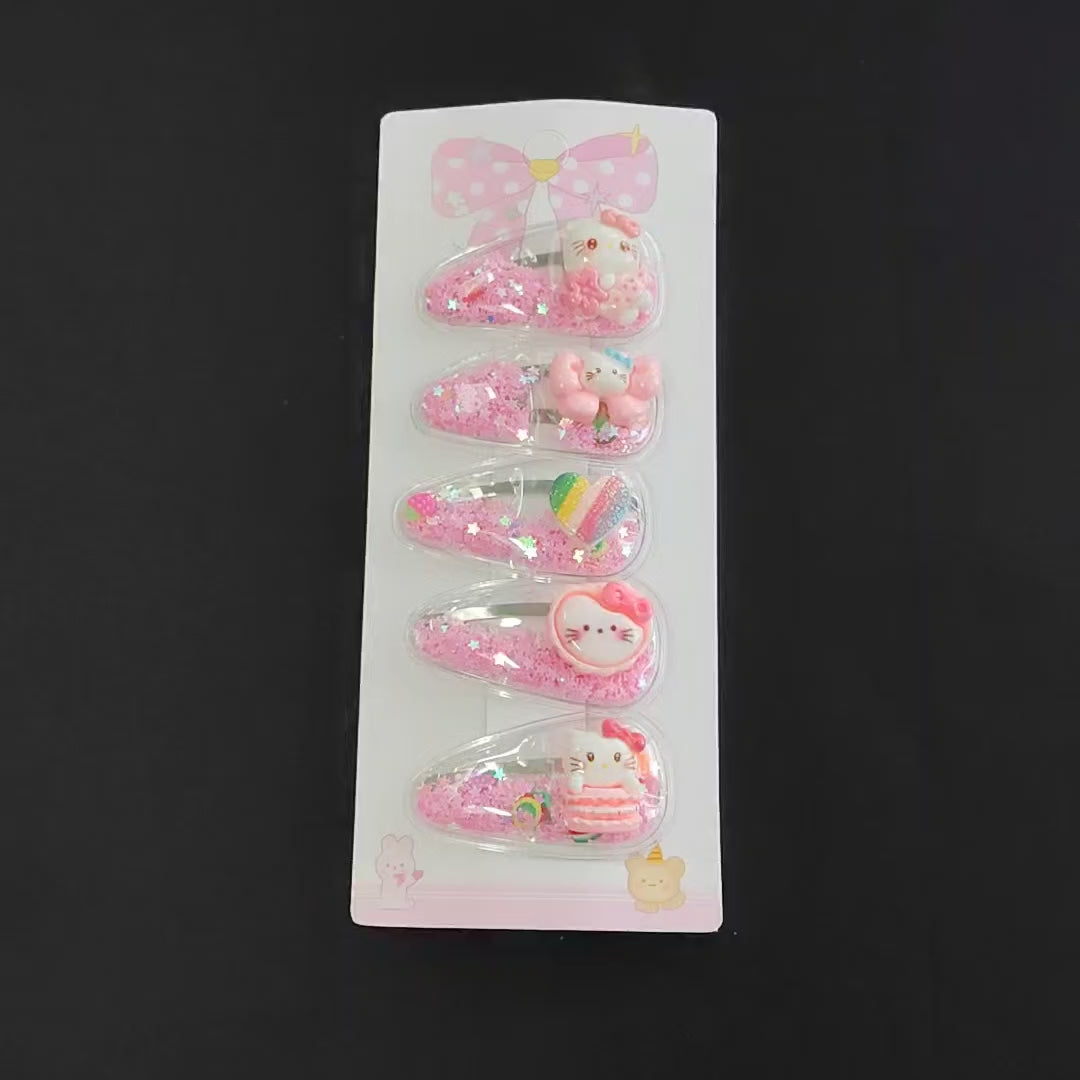 Kawaii Pink Shaker Hair Clips – Kitty, Candy, Glitter Snap Barrette Set