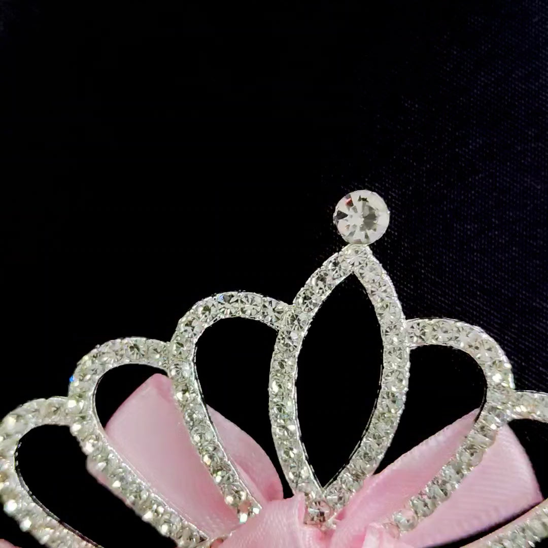 Pink Princess Crown Hair Clip – Rhinestone Tiara Bow Barrette, Satin Accessory
